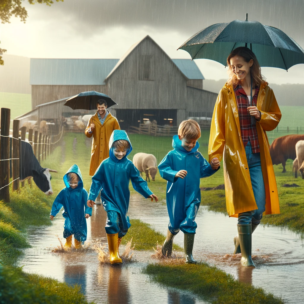 Family in rain on farm