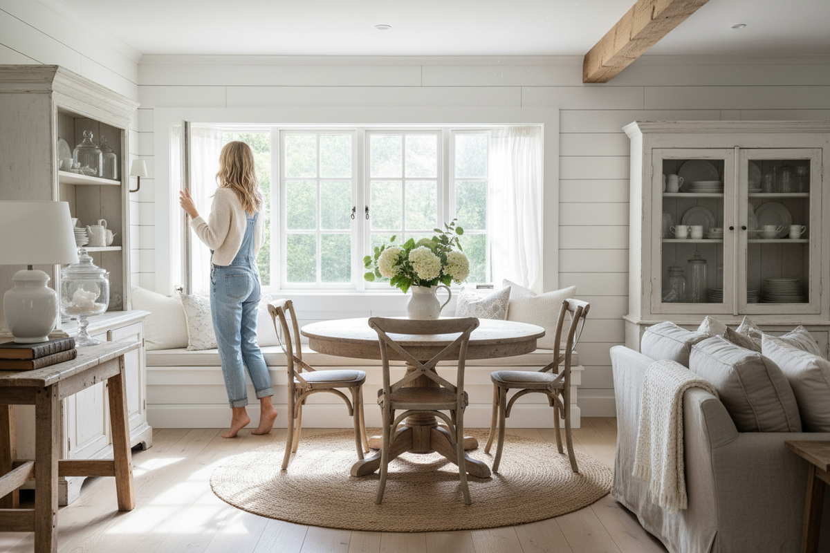 A woman opening a window in her clean home to let some fresh air in.